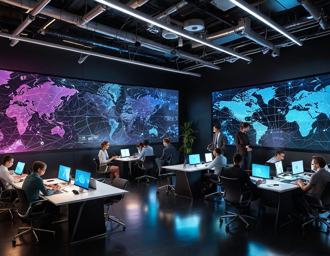 A sleek, modern office space with a team of creative professionals brainstorming and collaborating on high-tech devices like tablets, laptops, and VR headsets. The backdrop features a glowing digital web of interconnected nodes symbolizing innovative web services. People are engaged, inspired, and working seamlessly together, reflecting the cutting-edge nature of WOW-TGP Web Services. super-realistic. vibrant colors. futuristic.